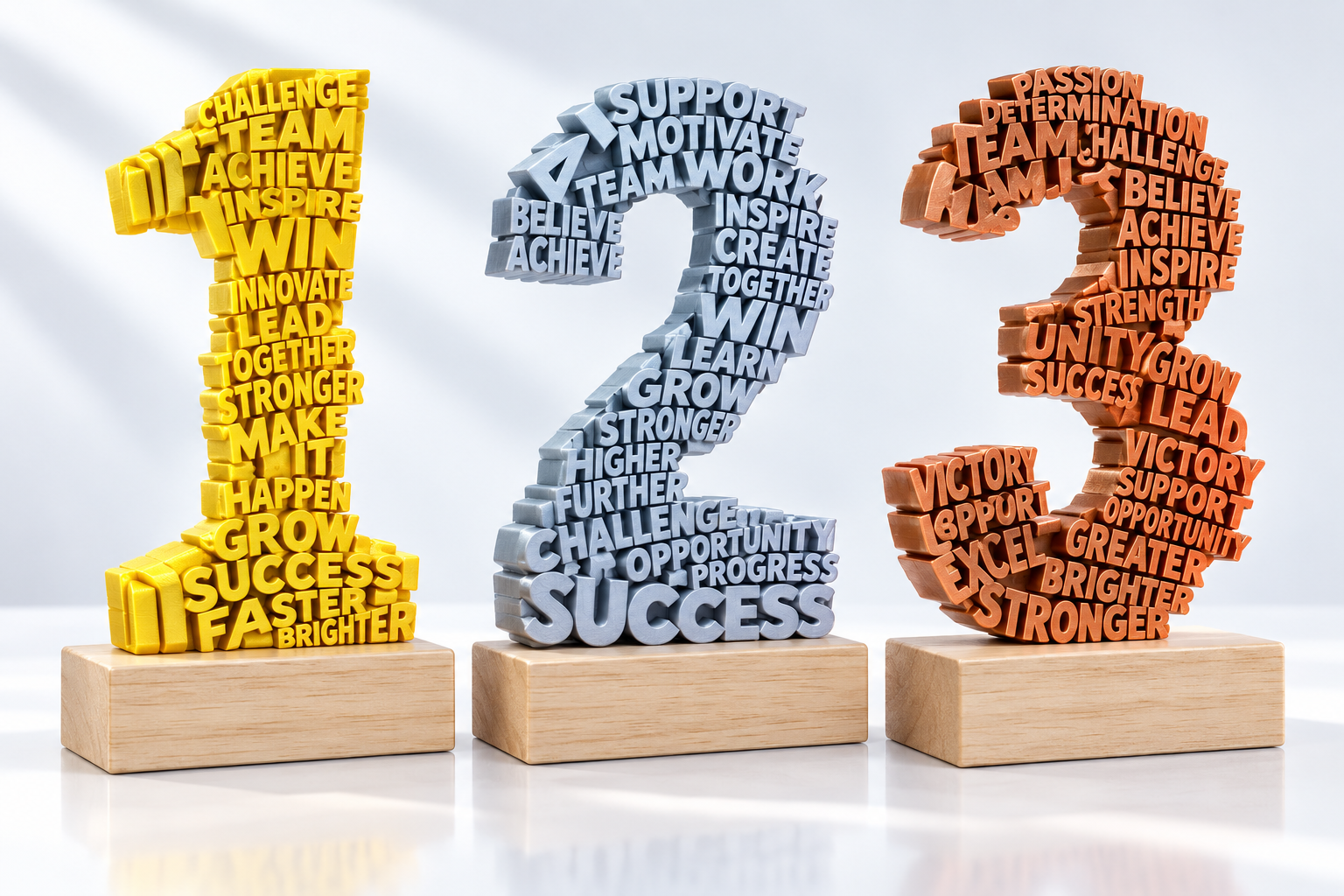 First second and third place number awards made of dimensional words