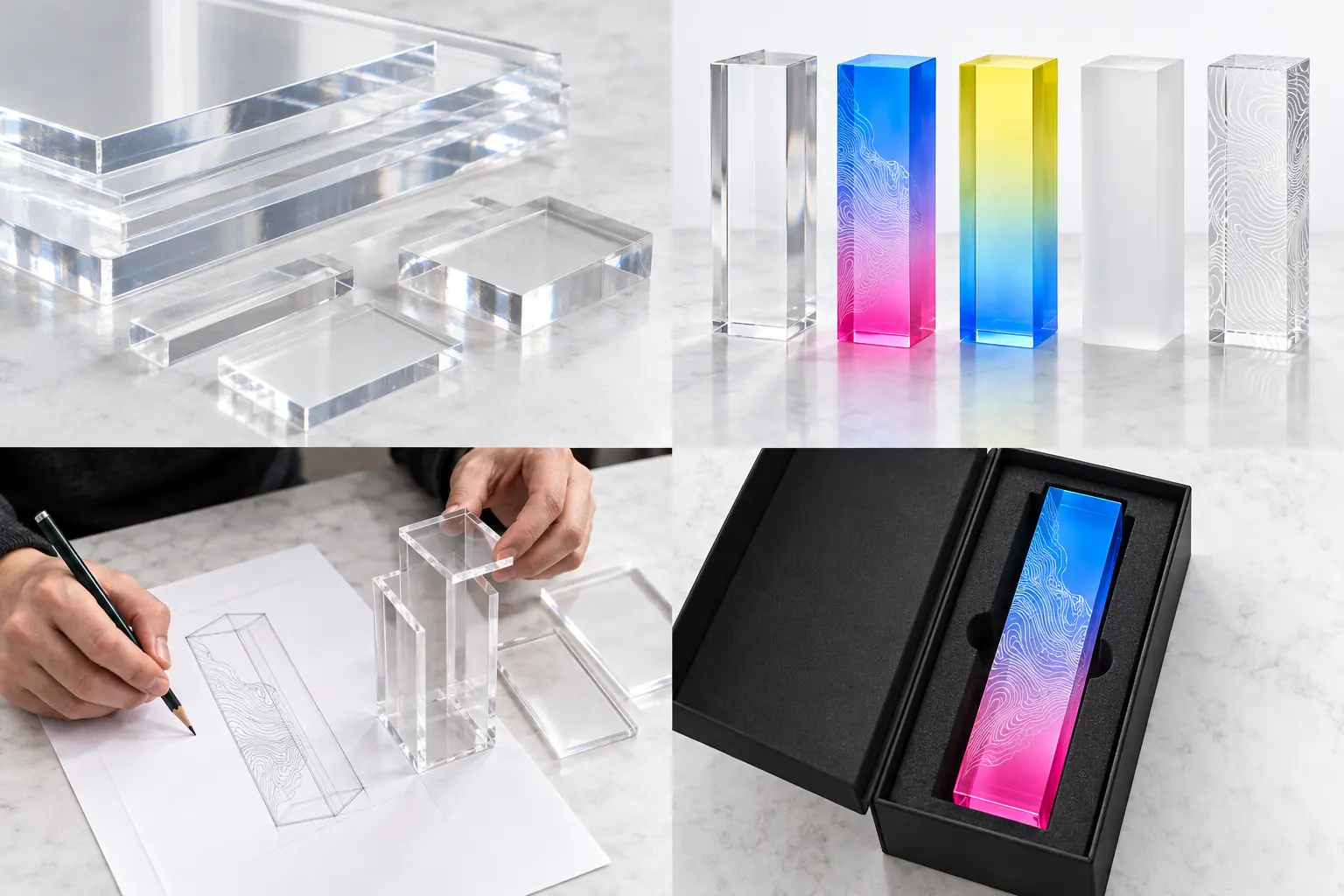 Blue and pink acrylic award lying inside its corresponding fitted box