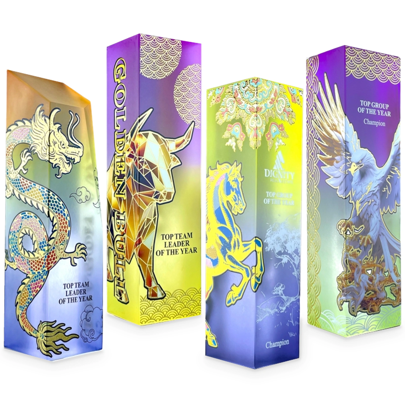 Color Glow Series / Frost Glow Acrylic Award Series · G014-T01 · Models 1044 / 1046 / 1043 / 1045 · GoBig catalogue product designs on a white background