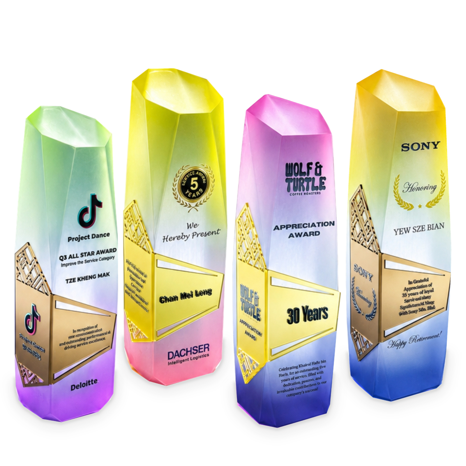 Color Glow Series / Frost Glow Acrylic Award Series · G015-T02 · Models 1048 / 1049 / 1050 / 1051 · GoBig catalogue product designs on a white background