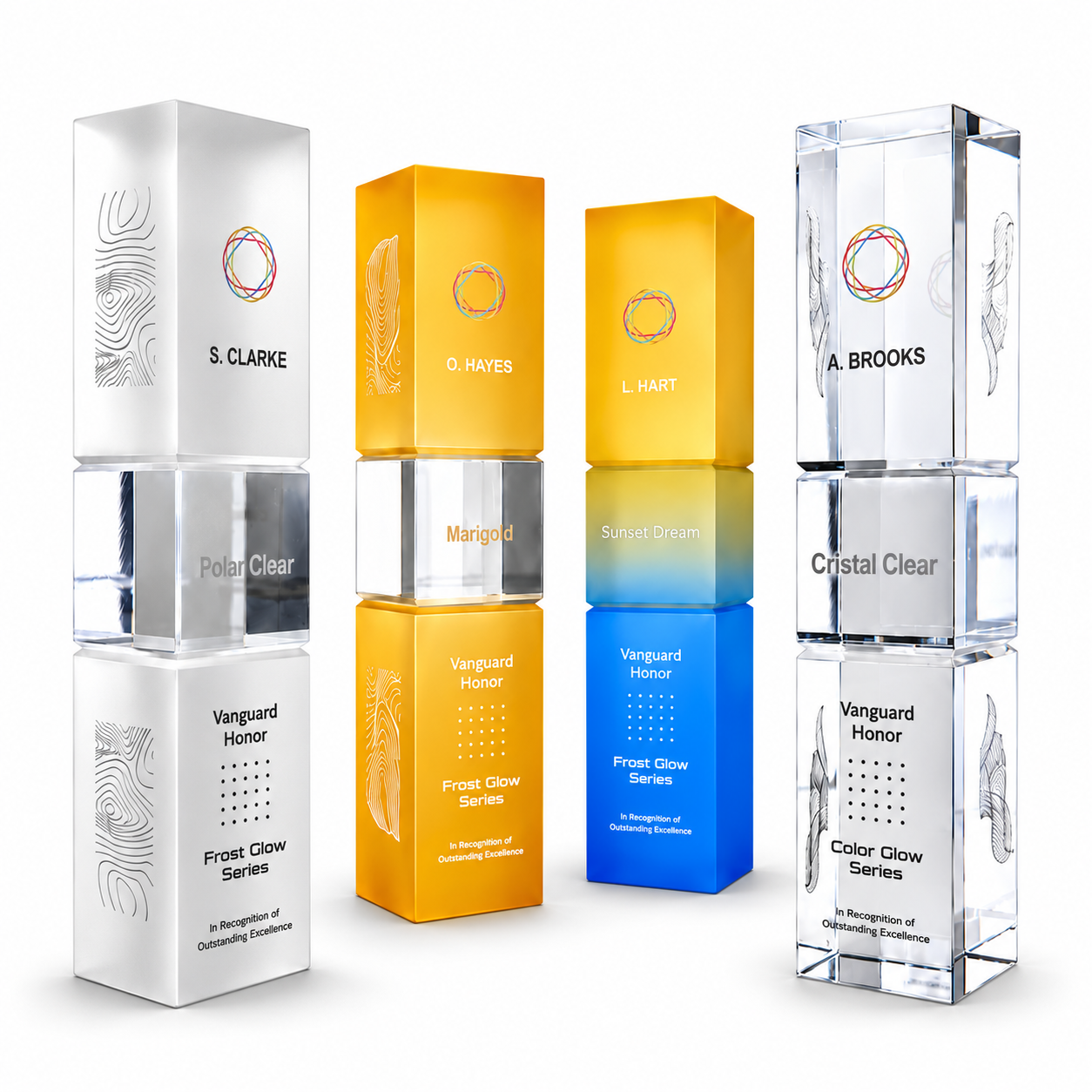 Prism Glow Series · G004 · Models 1143 / 1144 / 1145 / 1146 · GoBig catalogue product designs on a white background