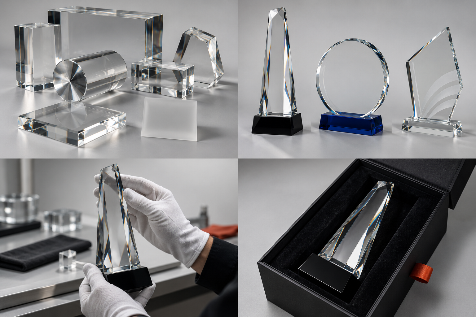 Clear glass blocks, geometric blanks and a frosted surface sample