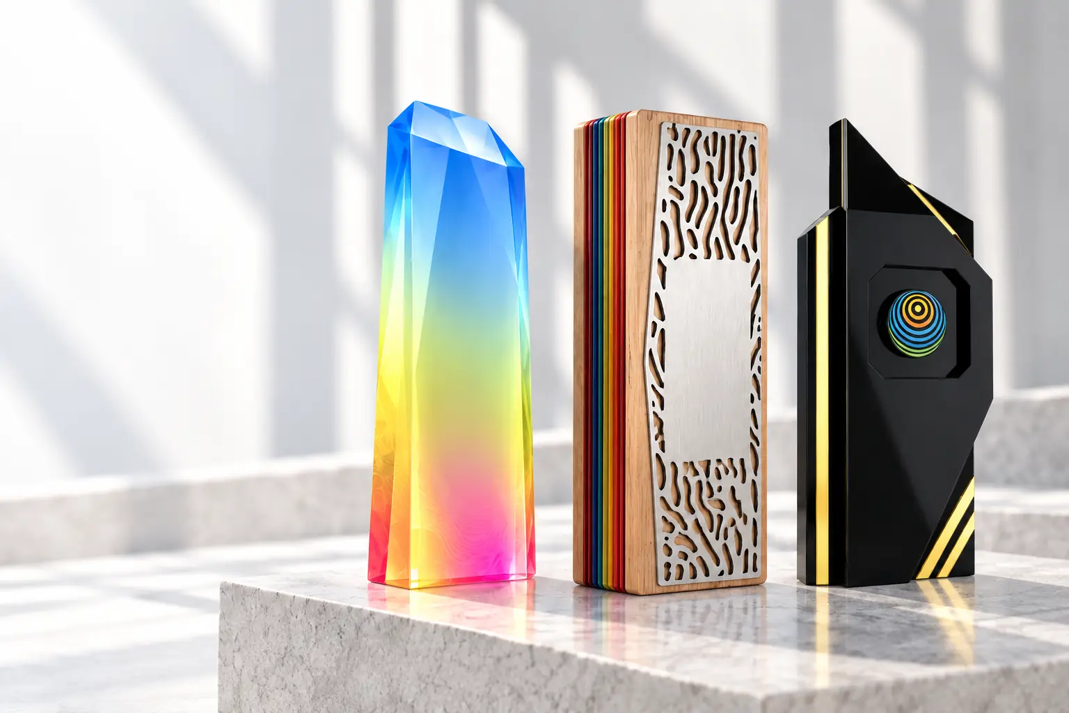Three GoBig awards: gradient acrylic, Chroma Wood and black geometric design