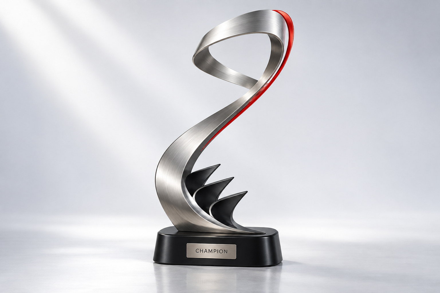 Motorsport trophy concept render in brushed silver, satin black and red with an aerofoil form and Champion plaque