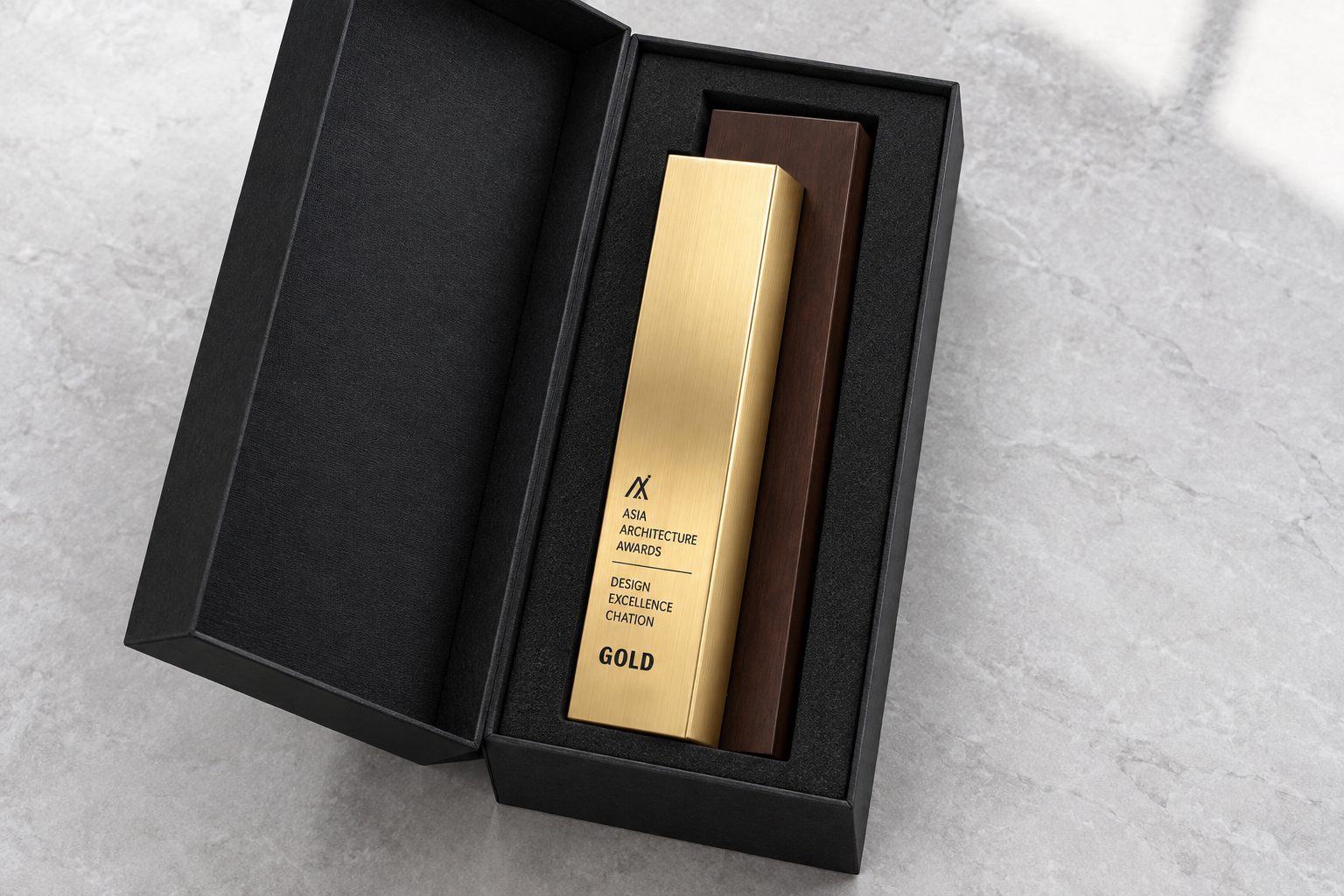 Nyatoh wood and metal award presented inside its custom fitted box