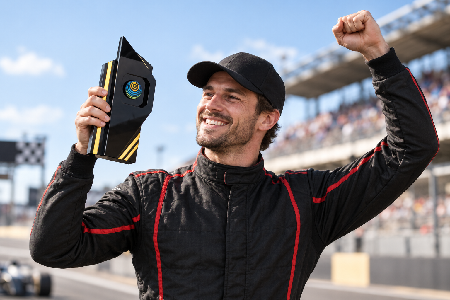 Illustrative race winner celebrating with a GoBig Nexus trophy