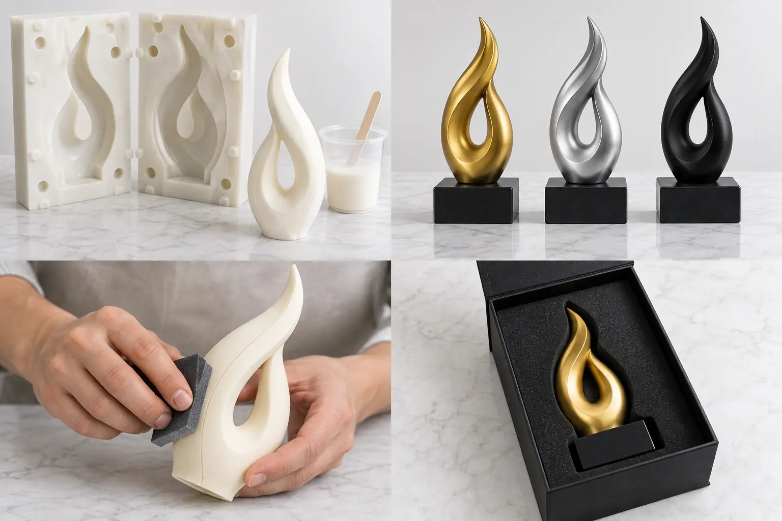 Gold-colour resin flame sculpture with its matching presentation box