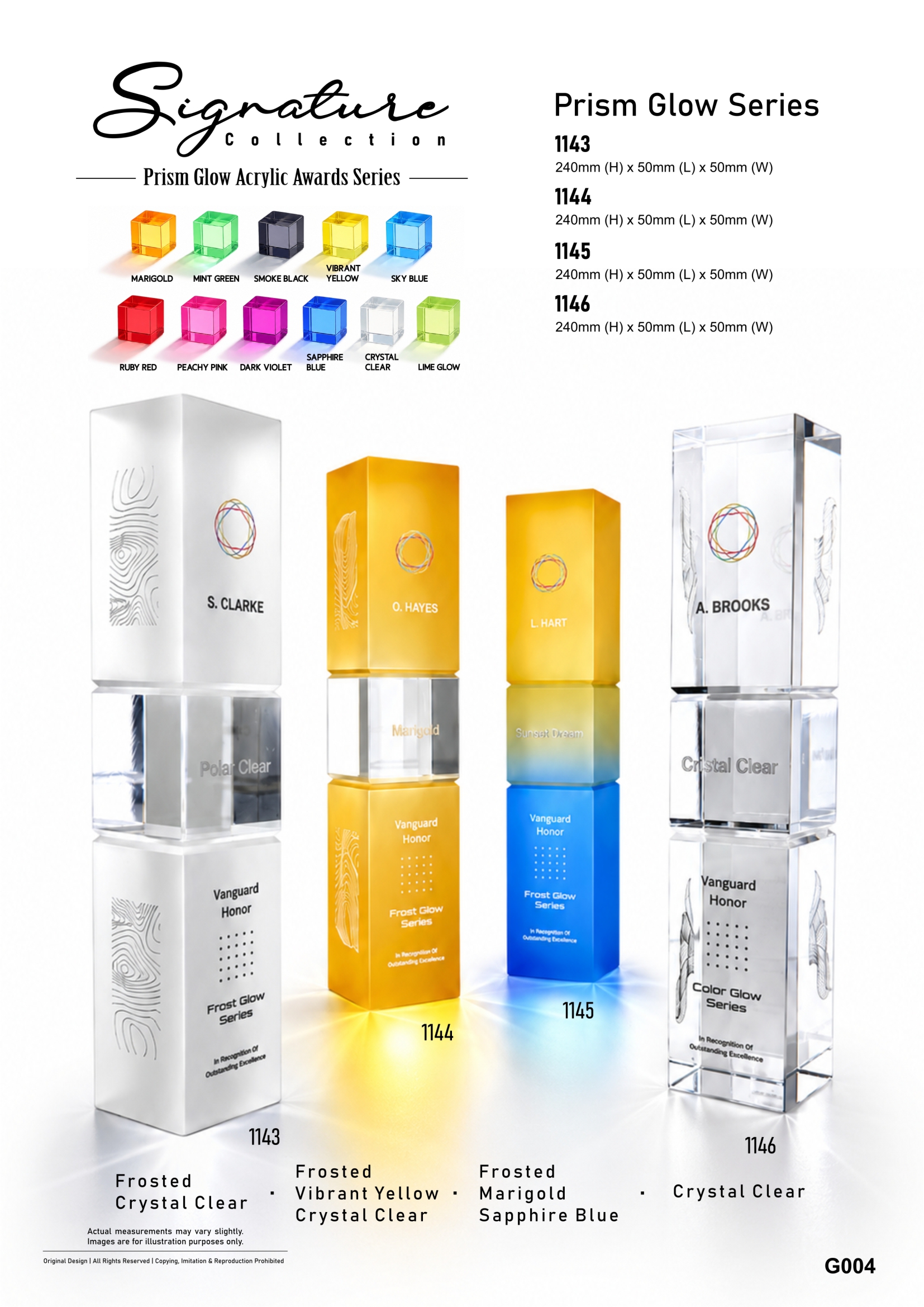 Original GoBig Prism Glow catalogue page showing four modular acrylic awards