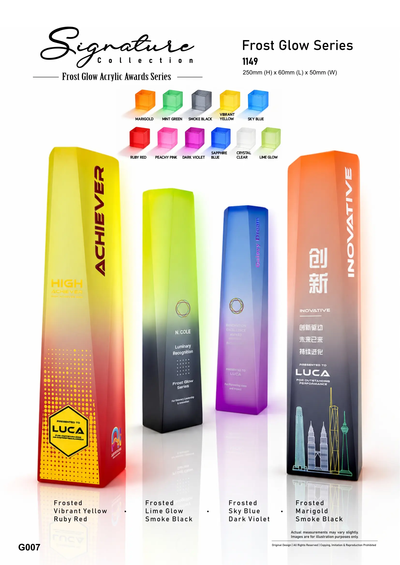 Original GoBig Frost Glow catalogue page showing four dual-colour acrylic awards