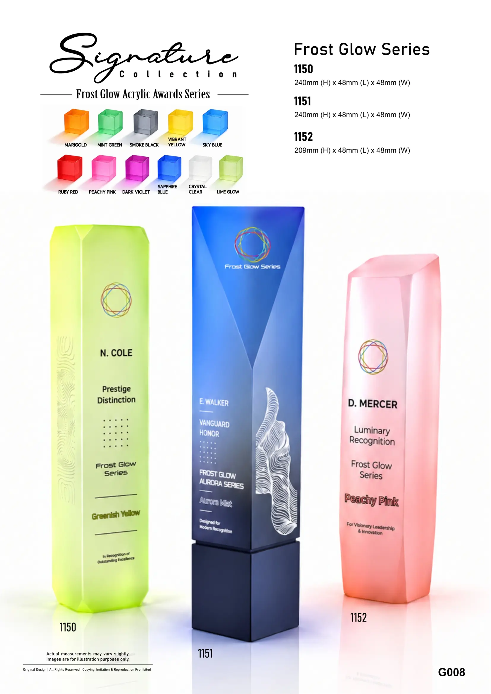 Original GoBig Frost Glow catalogue page showing three acrylic award forms