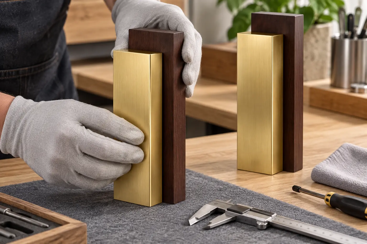 Illustrative hands assembling a wood and metal award