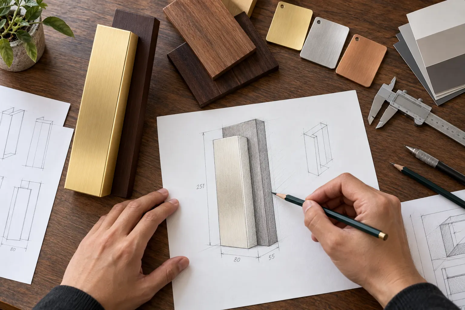 Illustrative studio table with wood samples and award sketches