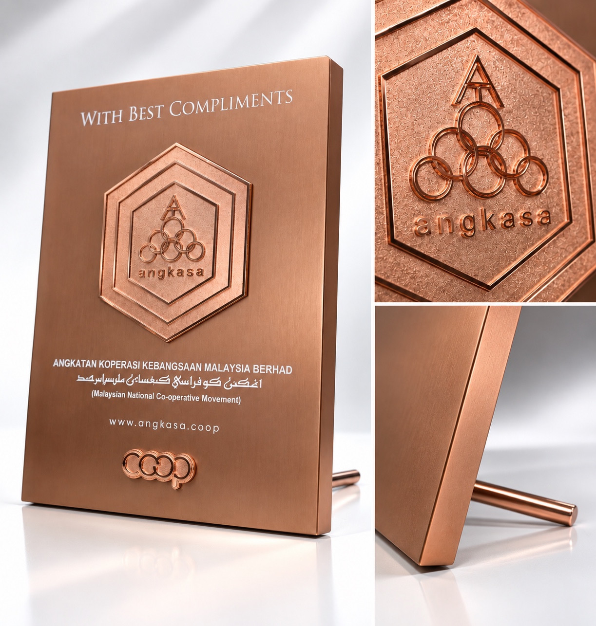 ANGKASA Presentation Plaque — full plaque, emblem detail and rear support views
