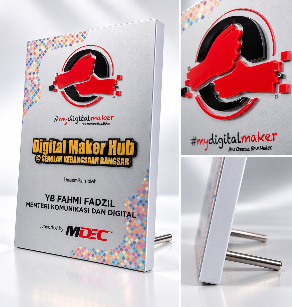 Digital Maker Hub SK Bangsar Opening Plaque — full plaque, emblem detail and rear support views